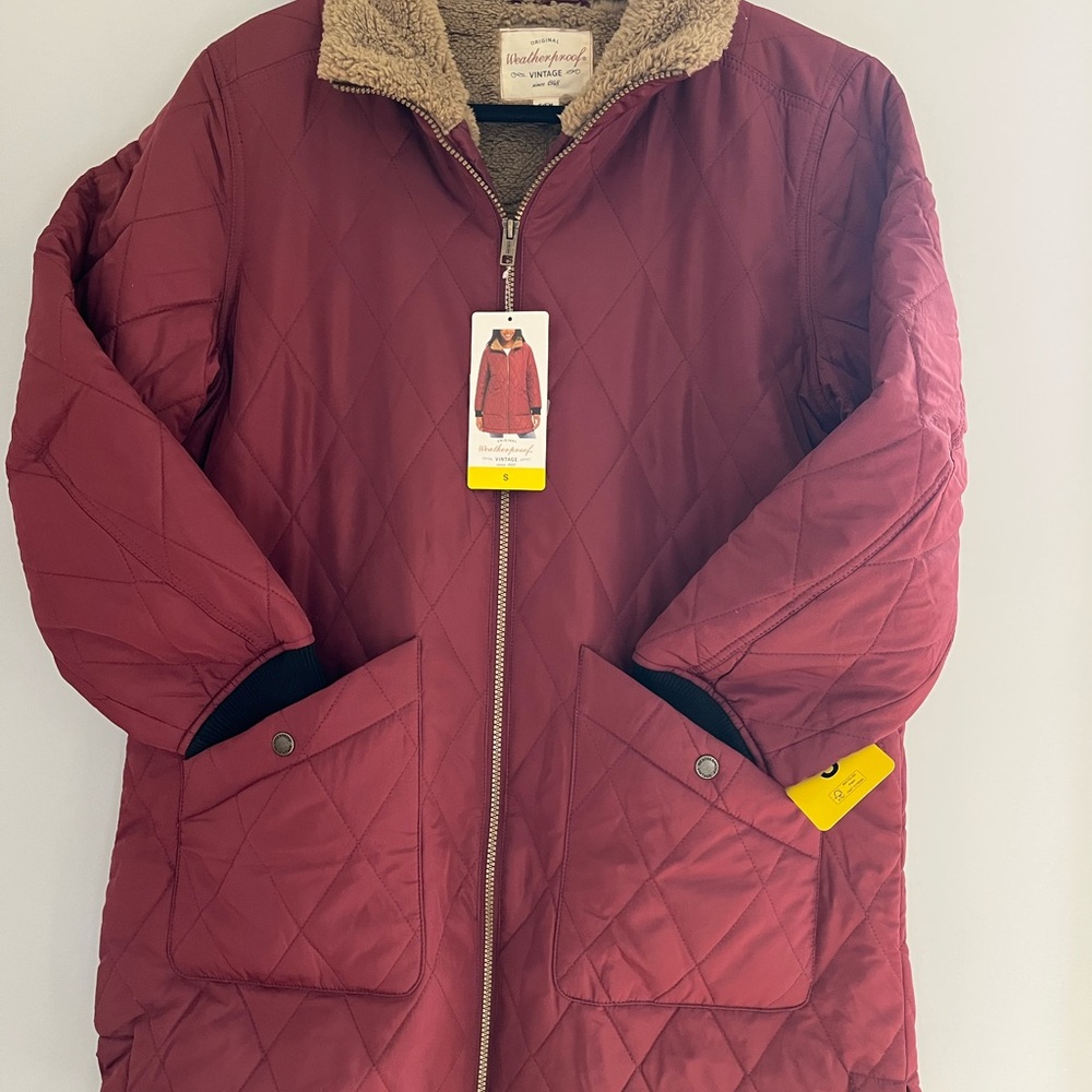 Weatherproof Quilted Burgundy Coat with Sherpa Collar